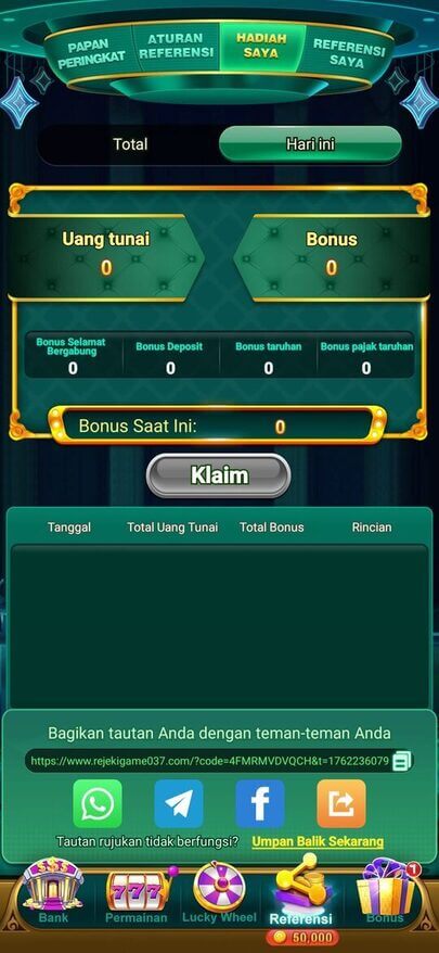 Ringkasan uang tunai dan bonus RejekiBet